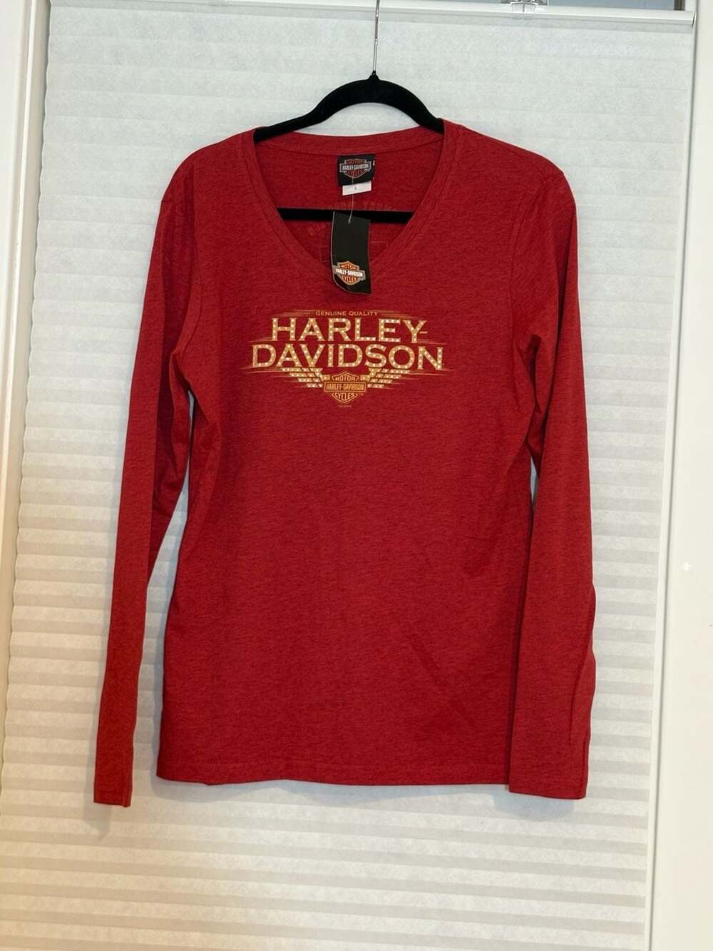 Harley-Davidson Long Sleeve V-Neck Shirt Size L Red Studded